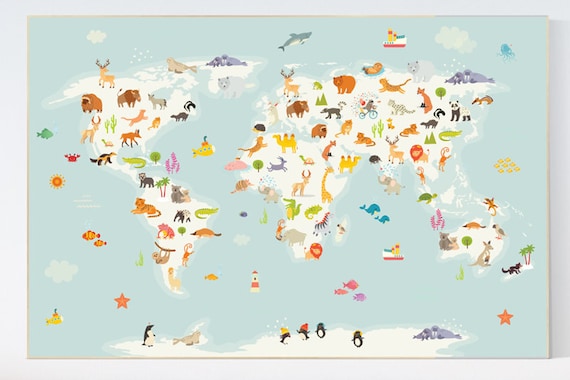 Nursery world map, Animal world map, animal map nursery, Animals map, animal map of the world, gender neutral nursery, animals of the world