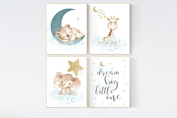 Nursery wall art , nursery wall art animals, baby room decor, woodland nursery, gender neutral nursery, blue green nursery