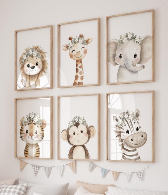 Safari Animal Nursery Prints: Floral Crown Jungle Set of 6