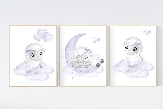 Nursery decor girl, Sheep nursery decor, purple nursery, Nursery decor girl, nursery wall art sheep, lavender nursery, girl nursery prints