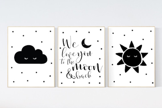 Black white nursery, gender neutral, Moon Cloud Stars sun, Cloud and Star Nursery, black and white nursery, we love you to the moon and back