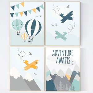 Adventure awaits nursery, gender neutral nursery decor, nursery decor boy plane, woodland nursery, adventure nursery print, hot air balloon