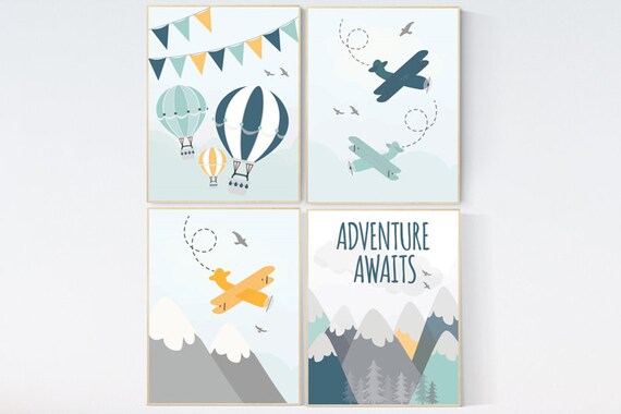 Adventure awaits nursery, gender neutral nursery decor, nursery decor boy plane, woodland nursery, adventure nursery print, hot air balloon