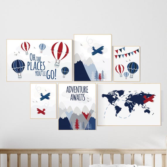 Adventure nursery decor, Nursery decor boy mountains adventure, nursery decor boy airplane, world map, adventure awaits, navy, red, blue