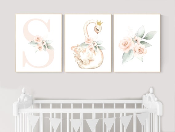 Nursery decor girl blush pink, swan nursery wall art, blush nursery, floral nursery, swan wall prints, flower nursery, swan nursery prints