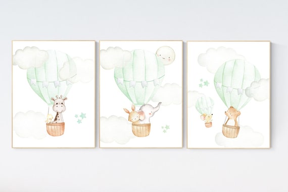 Nursery decor girl green, Nursery decor animals, Hot air balloon , elephant, giraffe, baby bear, bunny, woodland animals, green nursery art