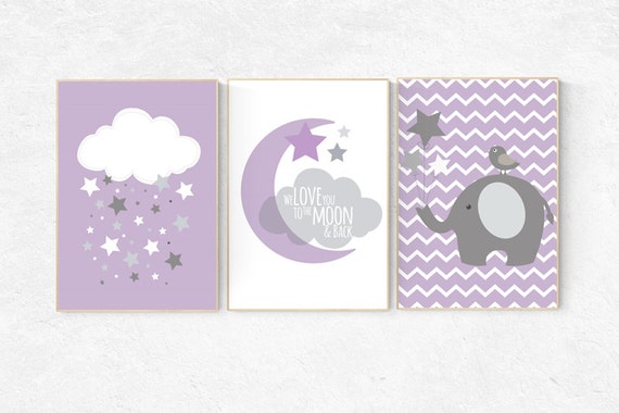 Nursery decor girl purple, nursery decor girl elephant, We love you to the moon and back, purple nursery decor, lilac nursery, lavender