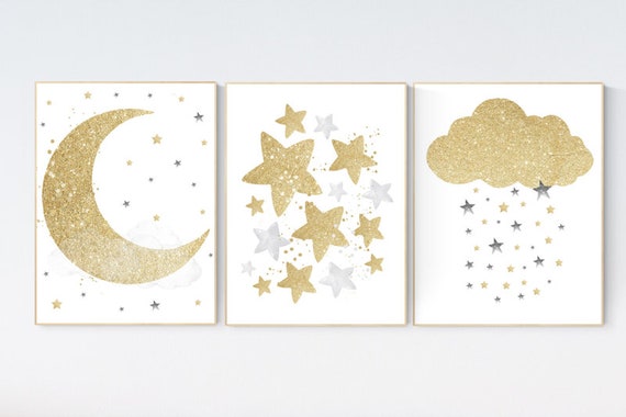 Nursery wall art gold, gold gray nursery, nursery decor neutral, baby room decor girl, moon and stars, baby room decor, giraffe nursery