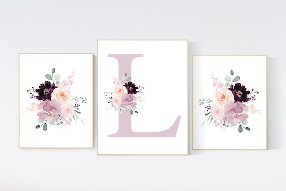Nursery decor girl purple, mauve, Burgundy, floral nursery, flower nursery, butterfly, nursery prints girl, nursery wall decor girl, name