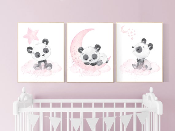 Nursery decor girl, panda nursery, pink and gray nursery wall art, panda nursery print, nursery decor animal, girl nursery wall decor, panda