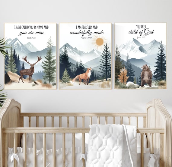 Nursery decor woodland, mountain wall art, tree nursery decor, adventure theme nursery, forest, sage green, bible nursery, verse nursery