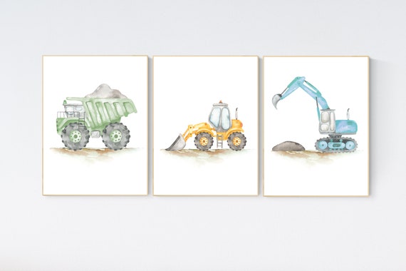 Boy Room Wall Art, Construction Vehicle Nursery Prints, Construction Wall Art, Transportation Print, Truck Wall Art, Nursery Truck Prints