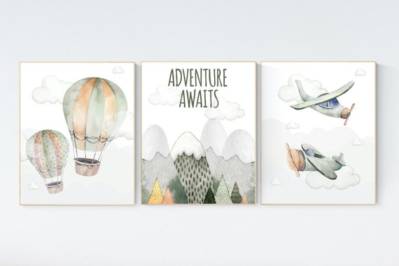 Nursery decor boy mountain, adventure nursery, travel theme nursery, woodland, gender neutral, explore, hot air balloon, sage green