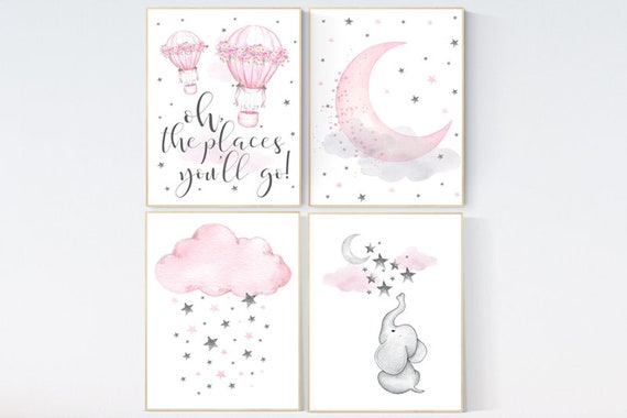 Nursery decor elephant, nursery decor pink and gray, nursery decor hot air balloons, oh the places you'll go, pink nursery, hot air balloon