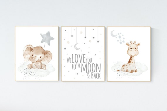 Nursery wall art animals, gray nursery, gender neutral nursery, neutral nursery, baby room decor, bear, elephant, giraffe, animal prints