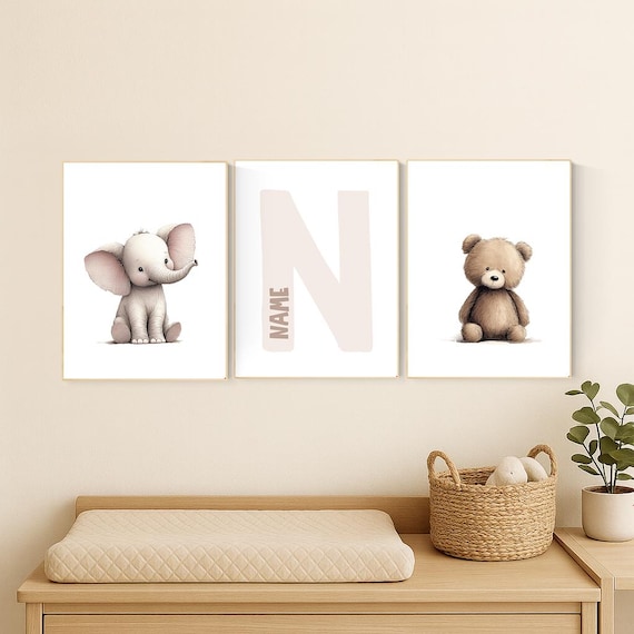 Elephant & Bear Nursery Print Set: Personalized Initial, Animal Art