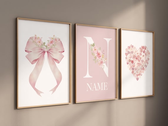 Pink Floral Nursery Wall Art Set of 3 - Bow Heart Name Print for Baby Girl - Custom Initial Poster - Elegant Baby Girl Room Decor