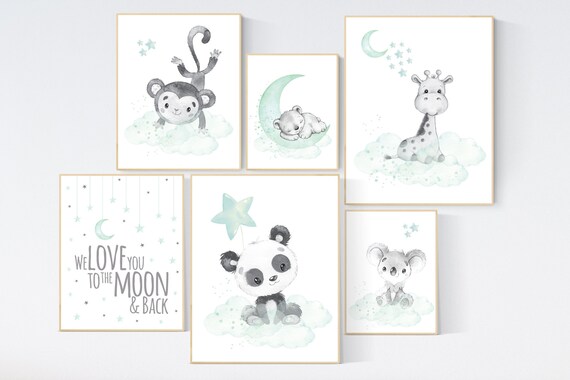 Nursery decor gender neutral, animal prints, mint nursery, mint green nursery, panda, koala, giraffe, bear, monkey, nursery wall decor