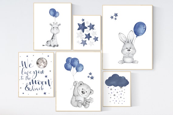 Nursery decor boy animals, navy nursery, bunny, bear, giraffe, nursery wall art boy, navy blue, moon, cloud and stars, balloon, animals