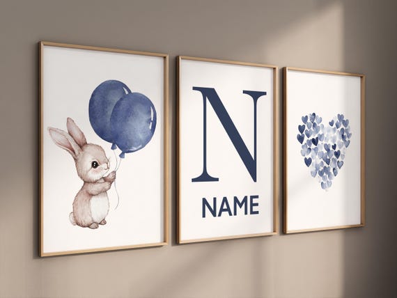navy rabbit wall art, bunny balloon nursery print, watercolor blue bunny, personalized baby name poster, gender-neutral nursery decor