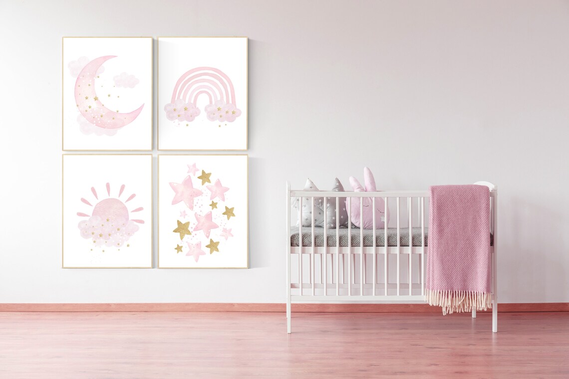 Pink Gold Nursery Nursery Wall Art Girl Rainbow Moon and Etsy