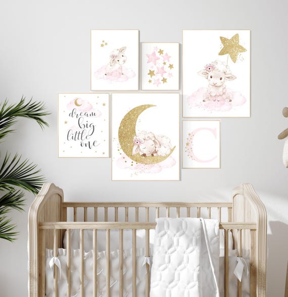 Sheep Nursery Art: Pink & Gold Lamb Prints for Girl's Room