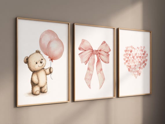 Blush Pink Bear Nursery Wall Art, You Are So Loved Quote, Heart Print, Baby Girl Room Decor, Cute Teddy Bear Poster Set, girl room