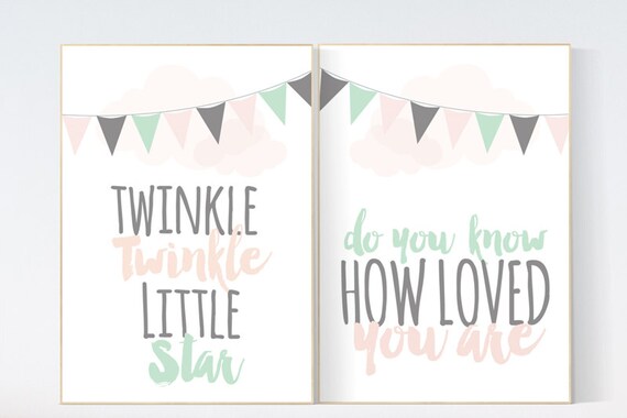 Twinkle Twinkle Little Star, nursery decor, Baby girl nursery decor, coral mint nursery decor, girls room wall art, baby room, coral mint