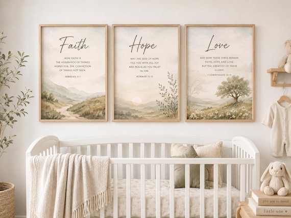 Faith Hope Love Bible Verse Prints, Watercolor Nursery Wall Art (Set of 3)