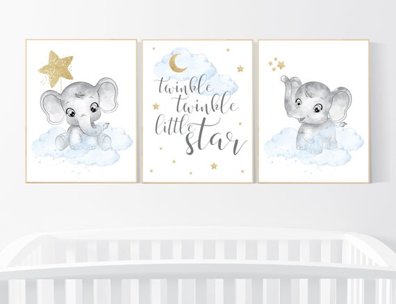 Nursery decor boy elephant, blue and gold nursery, twinkle twinkle little star, blue nursery wall art, cloud and stars, baby room decor