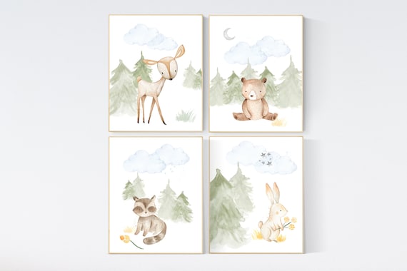 Woodland nursery decor, nursery wall art woodland animals, forest animal prints, gender neutral nursery art, nursery prints woodland animals