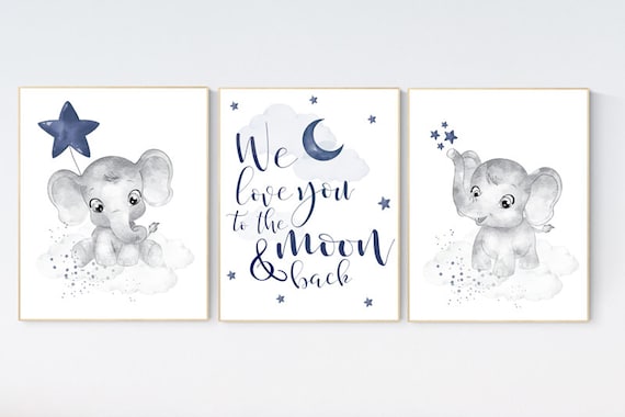 Nursery decor elephant, navy nursery decor, cloud and stars, moon and stars, navy blue nursery art. baby room wall art, elephant nursery