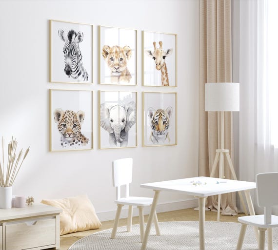 Safari Baby Animal Wall Art Set of 6 – Jungle Animal Prints – Lion, Elephant, Zebra, Giraffe, Tiger, Leopard – Nursery Safari Decor