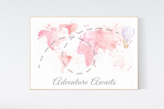 Adventure awaits, blush pink watercolor world map, Nursery baby girl room, nursery wall art map, blush nursery, nursery decor girl map print