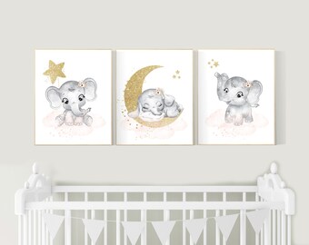 Elephant Nursery Print: Blush Pink Floral Decor