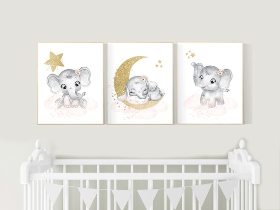 Nursery wall art girl elephant, Blush pink, flower nursery decor, blush gold nursery, nursery decor elephant, blush nursery, floral nursery