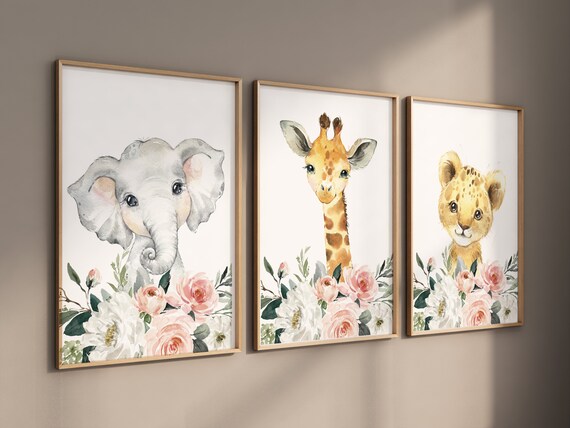 Nursery prints girl, baby room wall art, Safari Animals, girl nursery, Animals Prints, Safari Nursery Wall Art, floral animal prints, coral