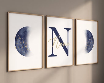 Moon nursery decor, moon print, navy blue nursery, navy gold nursery, full moon print, gender neutral, moon phases, dark blue, moon nursery