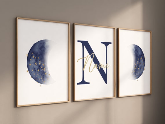 Moon nursery decor, moon print, navy blue nursery, navy gold nursery, full moon print, gender neutral, moon phases, dark blue, moon nursery
