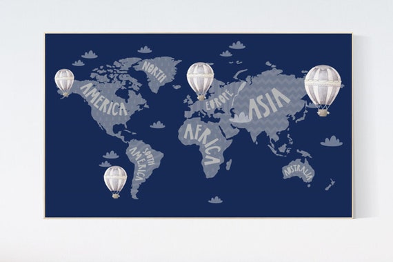 World map nursery, World map wall art, nursery decor boy, navy nursery, kids room, nursery wall art map, map print world, map nursery