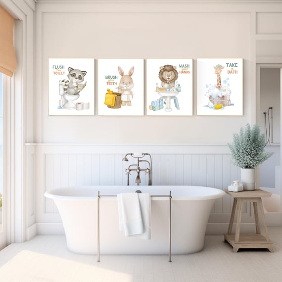 Bathroom prints for kids, bathroom art, Bathroom wall art, kids Bathroom decor, Wash Your Hands, flush the toilet, brush your teeth