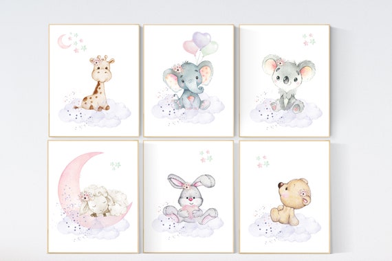 Nursery decor girl, animal prints, jungle animals, nursery prints animal, girl nursery wall decor, elephant, giraffe, bear, bunny, koala