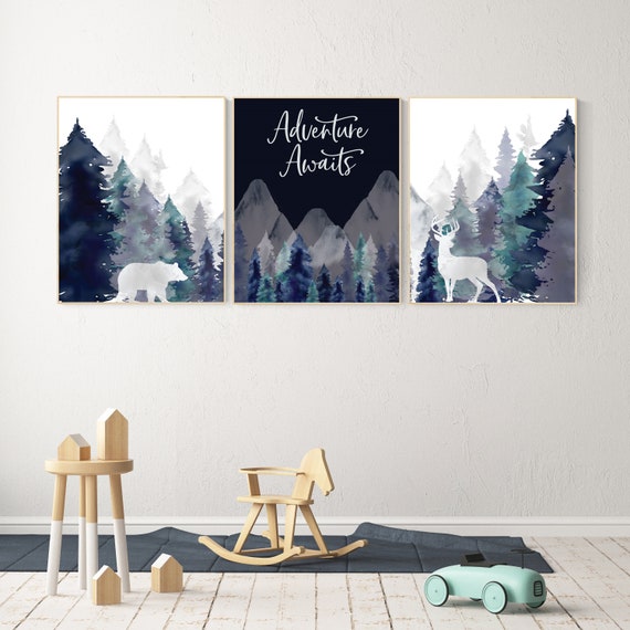 Nursery decor boy mountain, woodland nursery, tree nursery wall decor, adventure theme nursery, forest, navy and teal, woodland animals