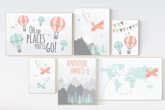 Adventure awaits nursery, Mountain nursery, coral teal, Adventure nursery, coral and teal, airplane, world map, hot air balloon, boy nursery