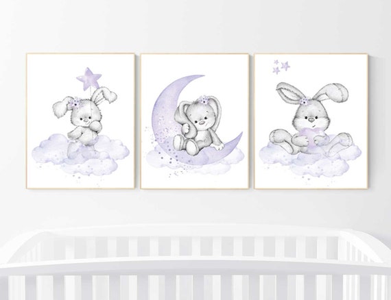 Purple nursery decor, Nursery wall art bunny, Nursery decor girl flower bunny, lilac, lavender, bunny print nursery girl, rabbit print
