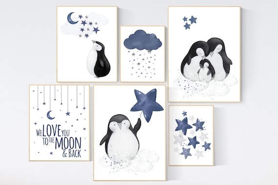 Nursery decor boy, navy blue nursery, penguin nursery wall art boy, navy Blue, moon and stars, navy nursery wall decor, boys room nursery