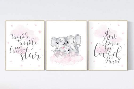 Ttwinkle twinkle little star, Moon nursery, Nursery wall art elephant, pink nursery, baby room decor girl, nursery art, baby girl room ideas