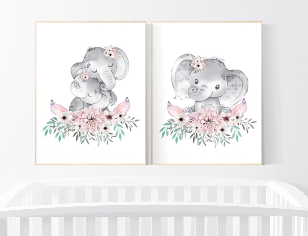 Nursery Decor Girl Boho, Elephant Nursery Wall Art, Nursery Decor Girl