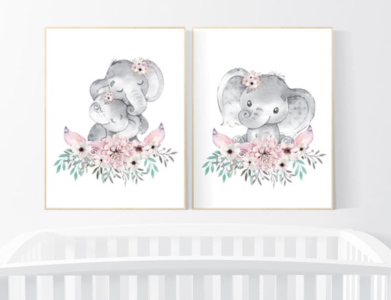 Nursery decor girl boho, elephant nursery wall art, nursery decor girl floral, nursery decor girl woodland, floral nursery, boho nursery