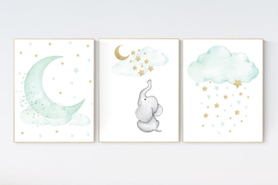 Nursery decor elephant, mint gold baby nursery, nursery decor boy and girl, cloud and star nursery, moon nursery decor, gender neutral